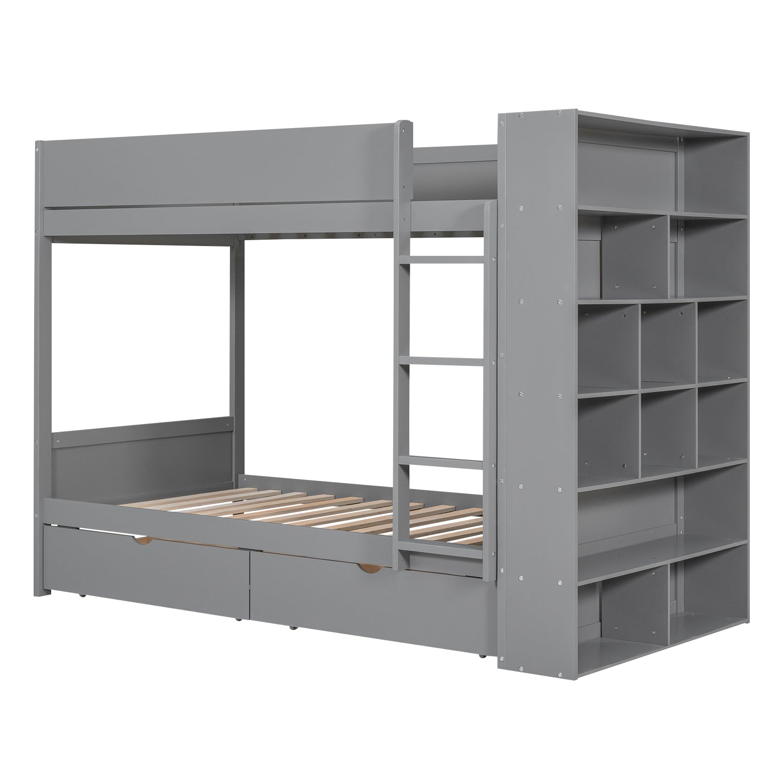 Gray bunk bed with integrated ladder and bookshelf storage