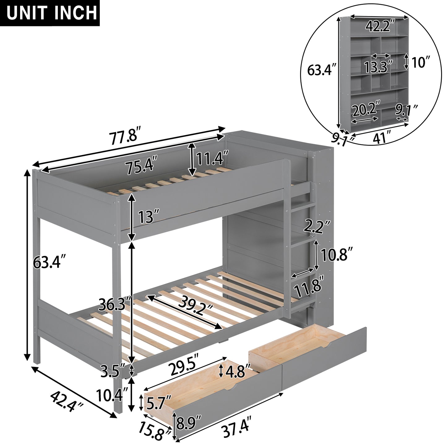 Gray twinovertwin bunk bed with builtin storage drawers