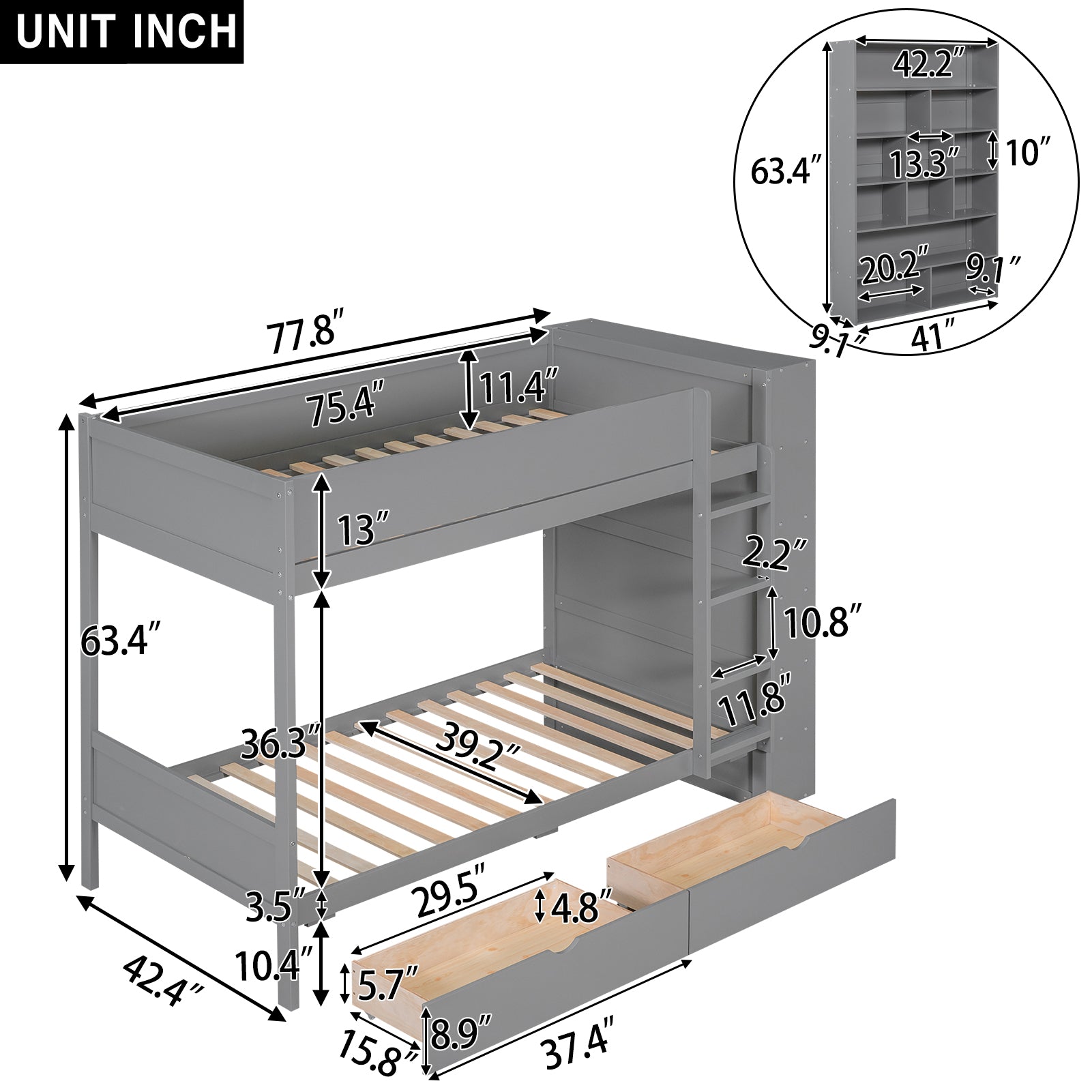 Gray twinovertwin bunk bed with builtin storage drawers