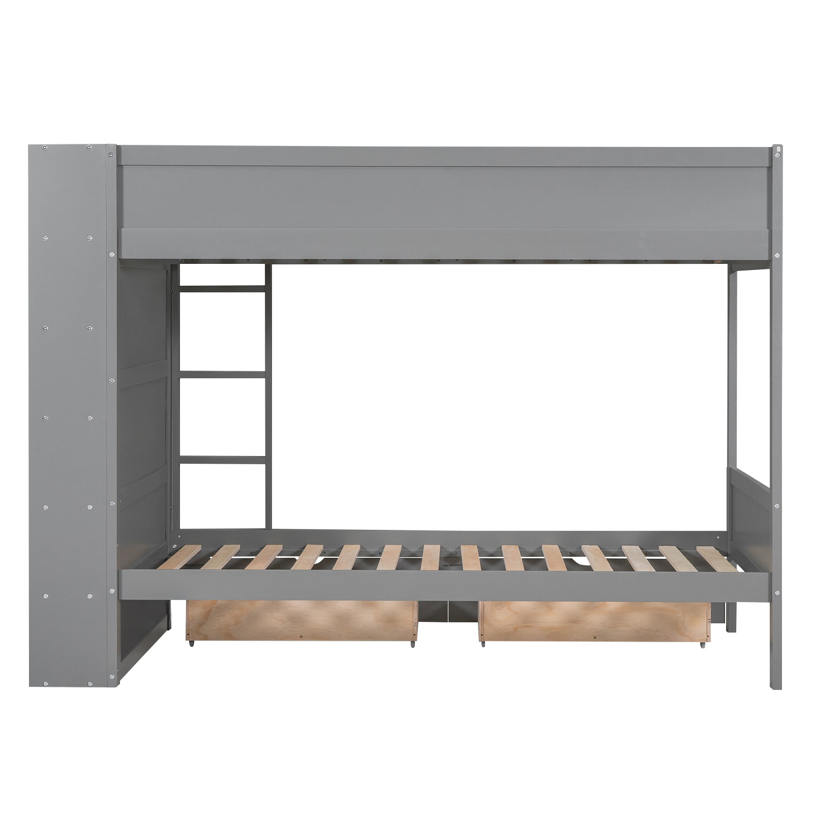 Gray wooden bunk bed with integrated storage drawers and ladder