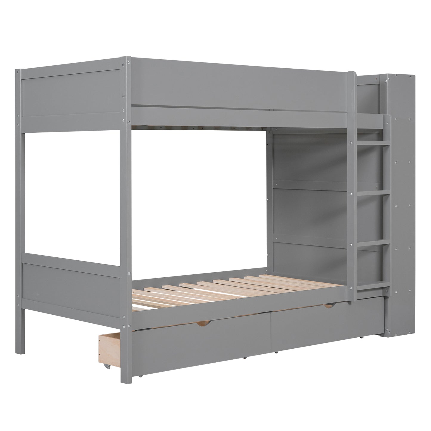 Gray twin bunk bed with three drawers and ladder for kids