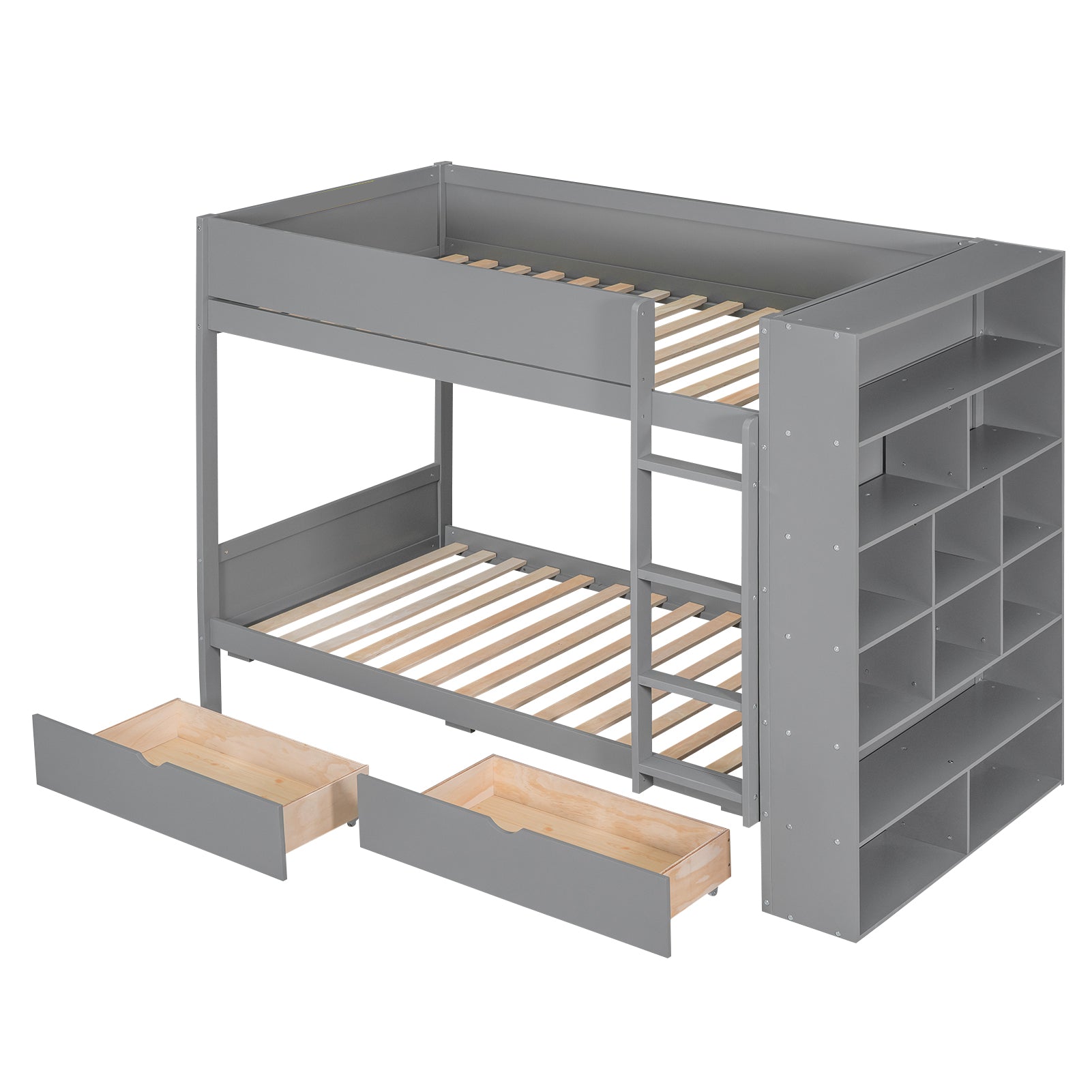 Gray wooden bunk bed with integrated shelving and two pullout drawers