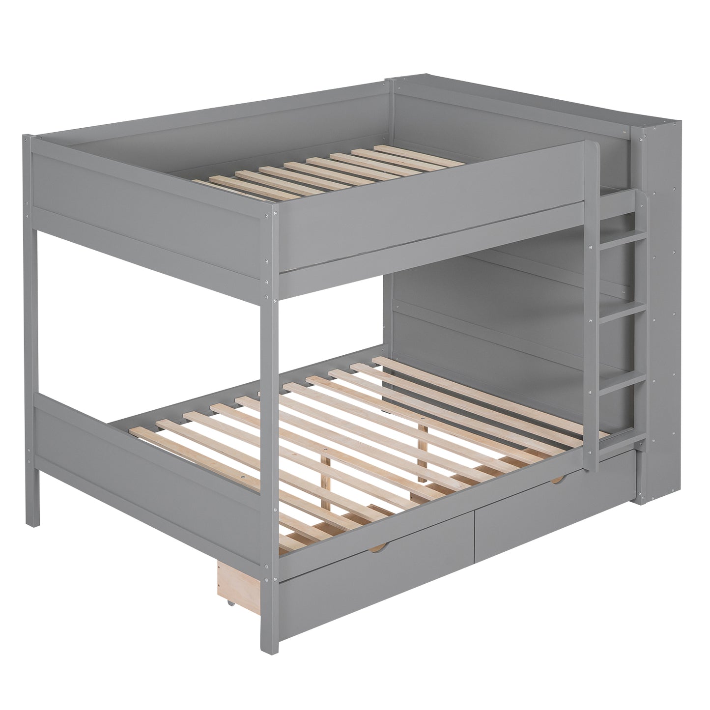 Gray wooden twin over twin bunk bed with ladder and storage drawers