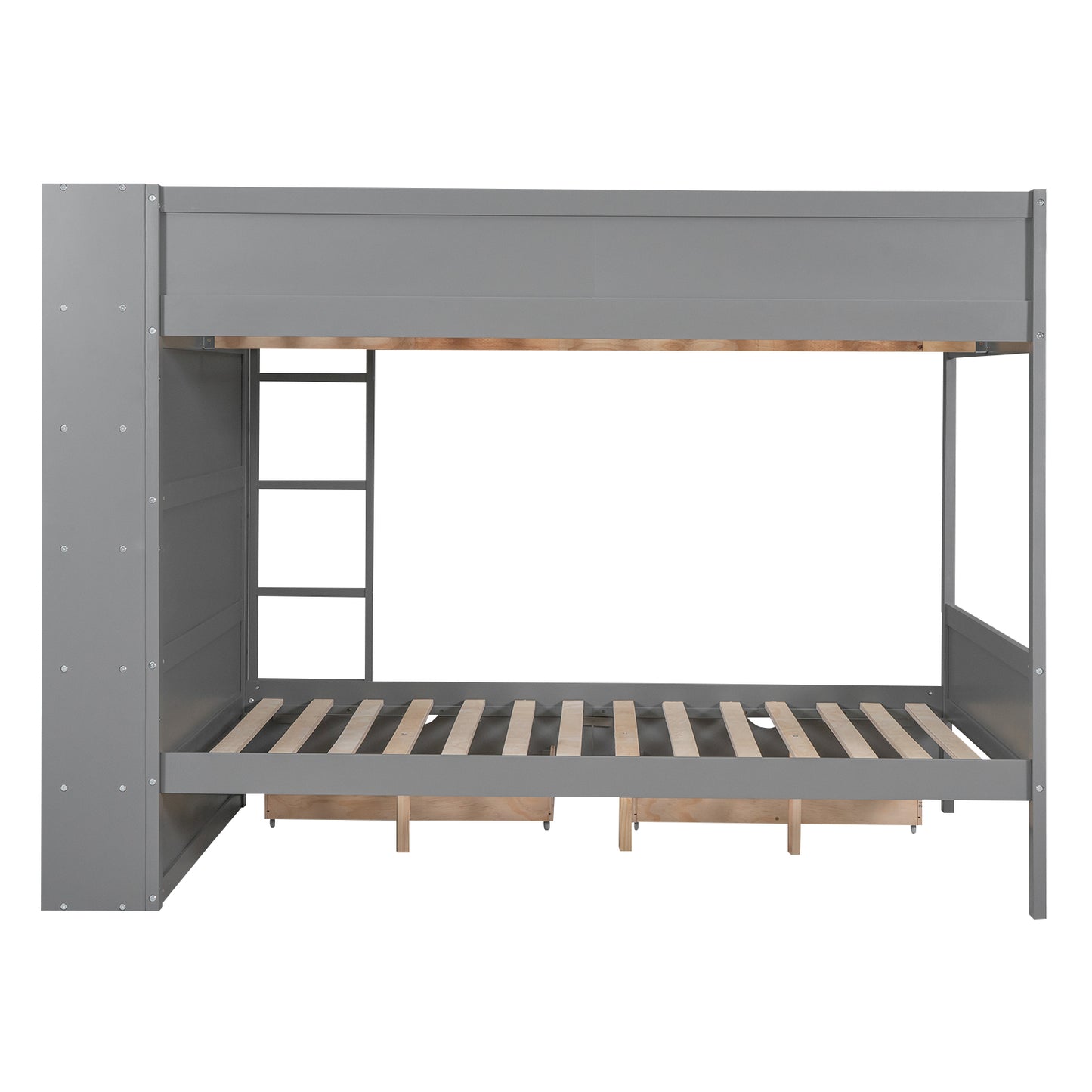 Grey twin over twin bunk bed with drawers and ladder