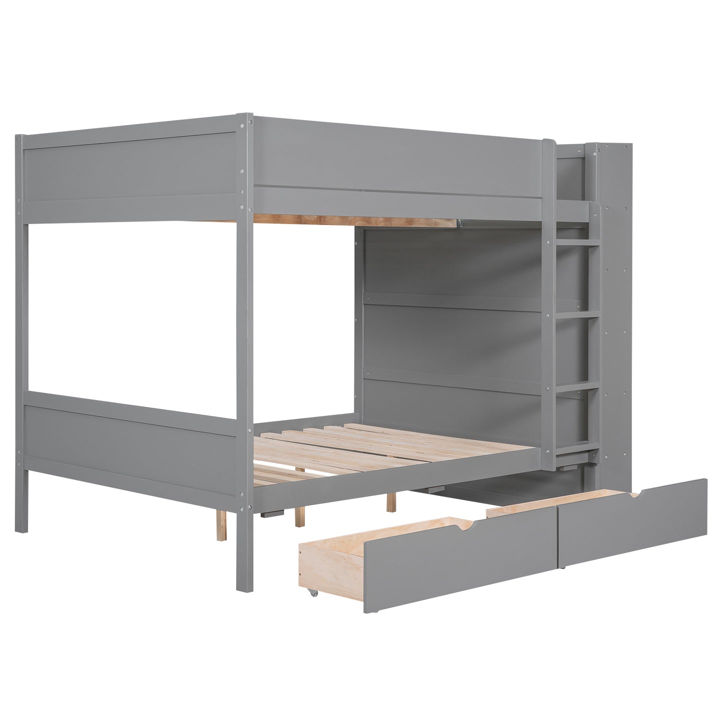 Grey twin over twin bunk bed with storage drawers