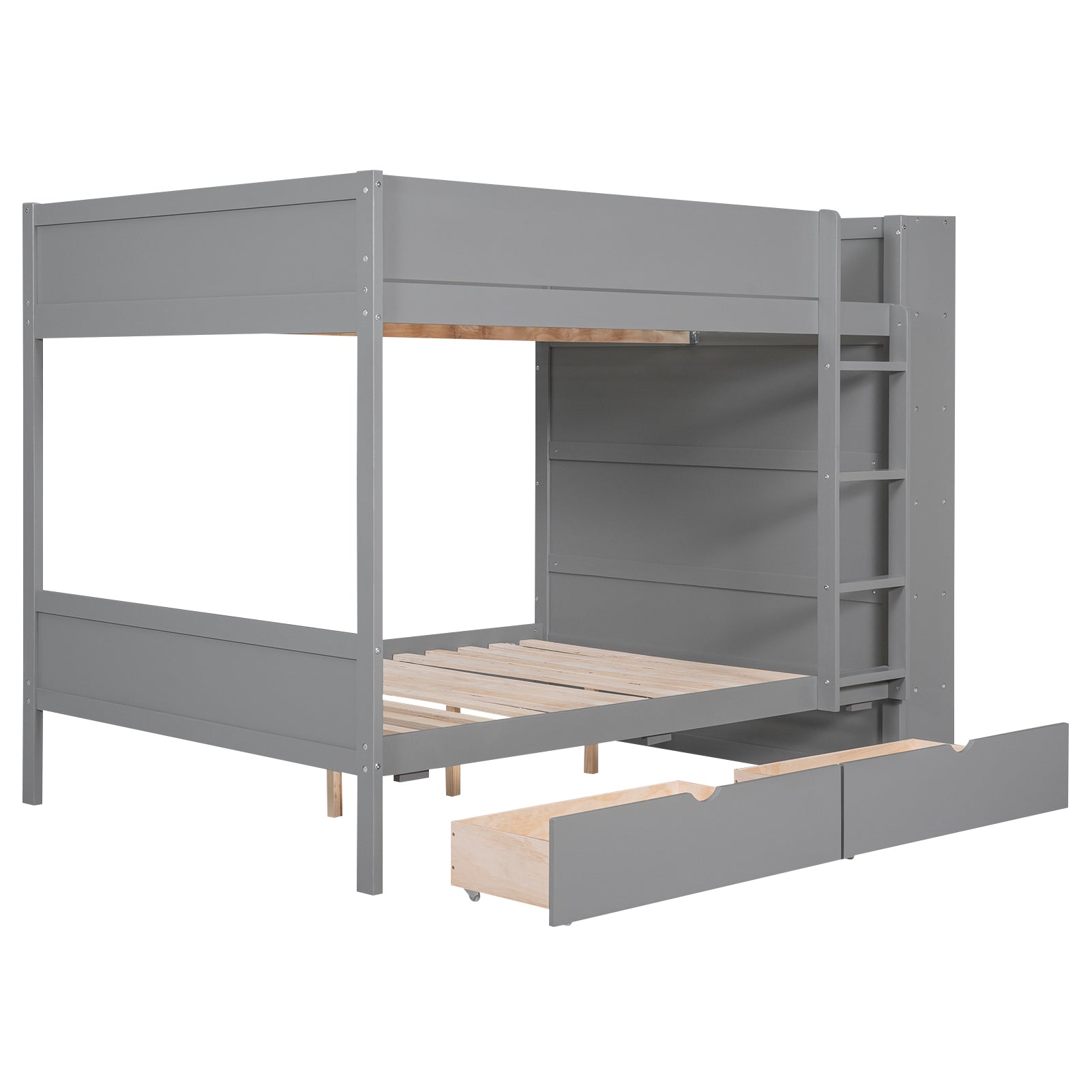 Grey twin over twin bunk bed with storage drawers