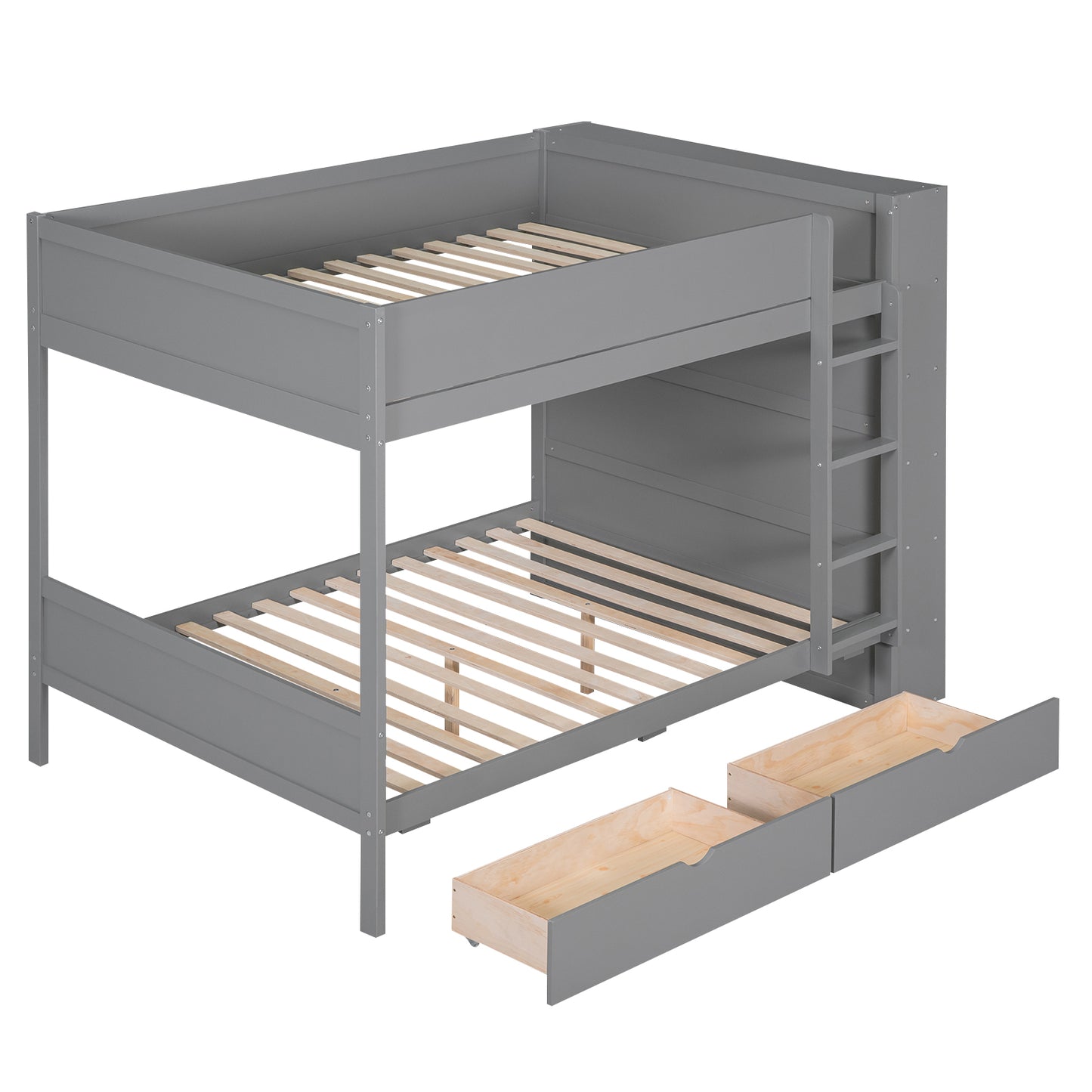 Grey twin over twin bunk bed with builtin ladder and pullout drawers