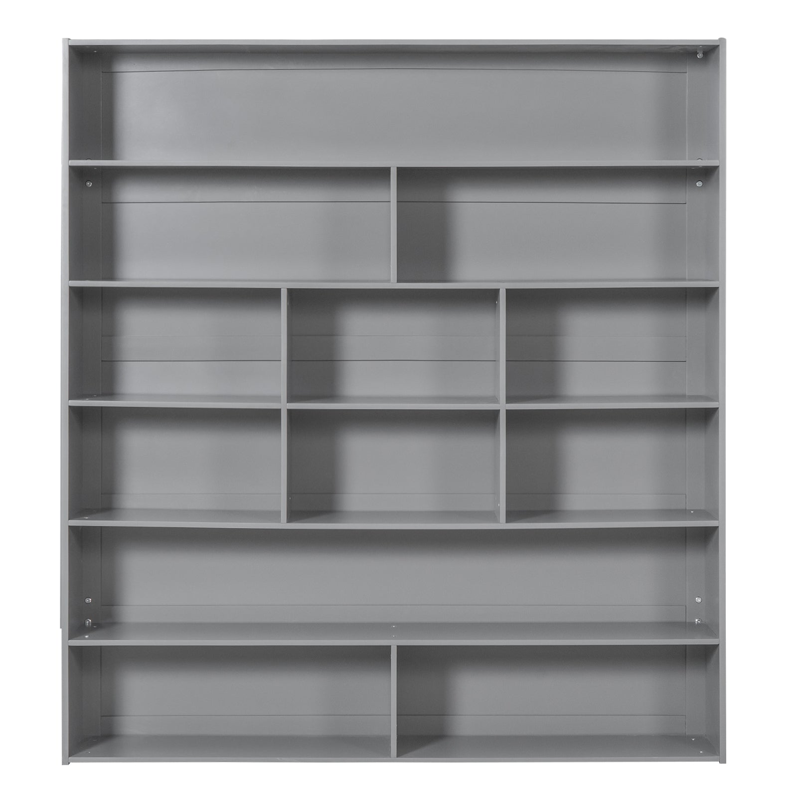 Modern grey shelving unit with multiple compartments