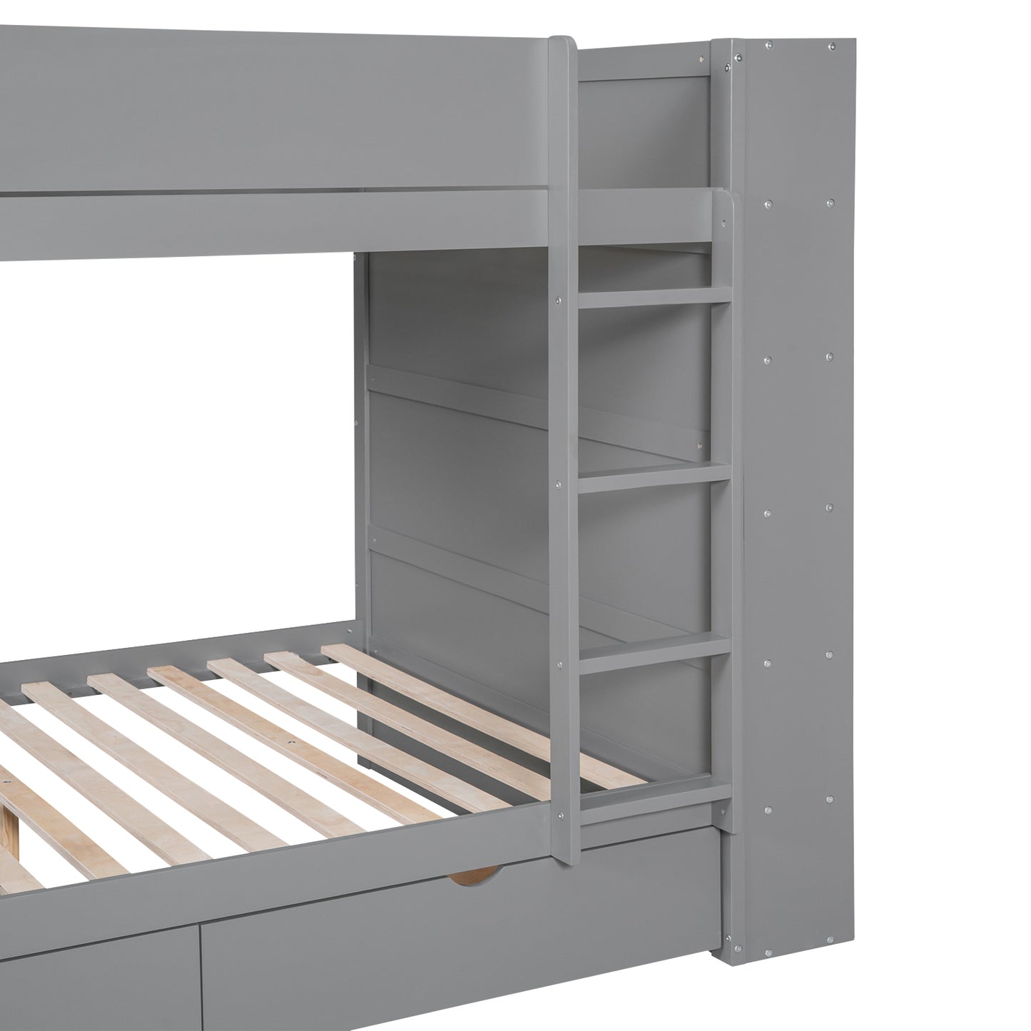 Gray wooden bunk bed with ladder and storage drawers