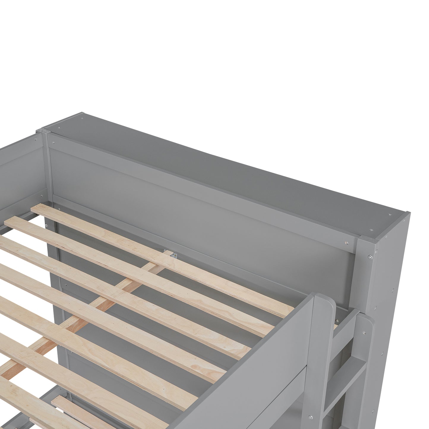 Closeup of grey twin bunk bed frame with wooden slats for mattress support