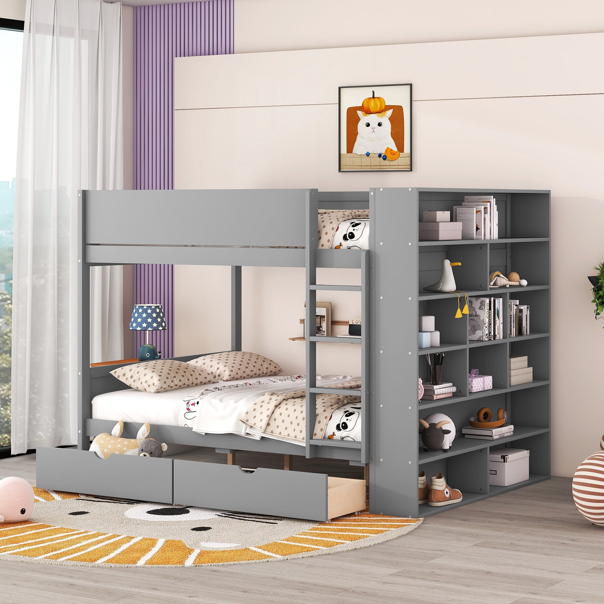 Grey metal bunk bed with integrated shelving and drawers for kids