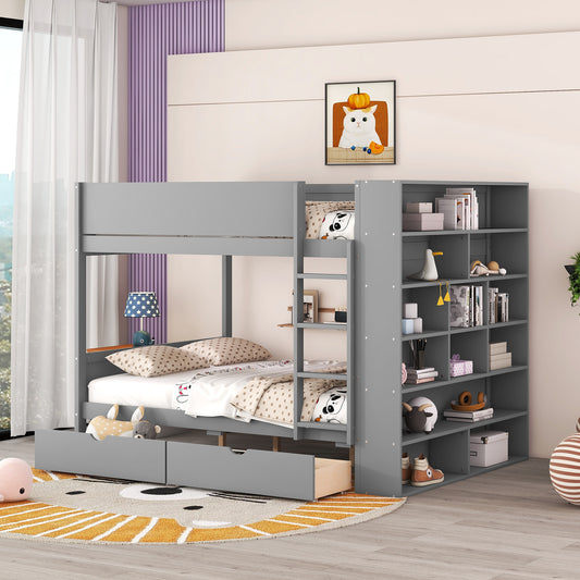 Grey metal bunk bed with integrated shelving and drawers for kids