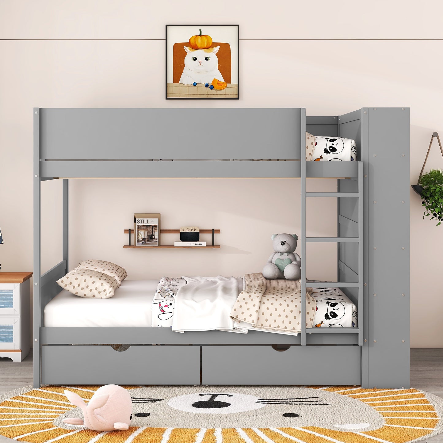 Gray wooden bunk bed with drawers and panda bedding