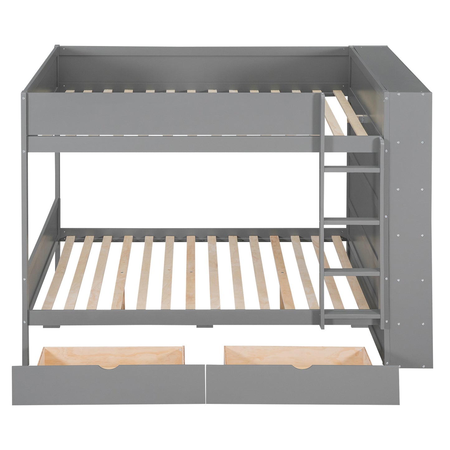 Gray twin over twin bunk bed with ladder and drawers