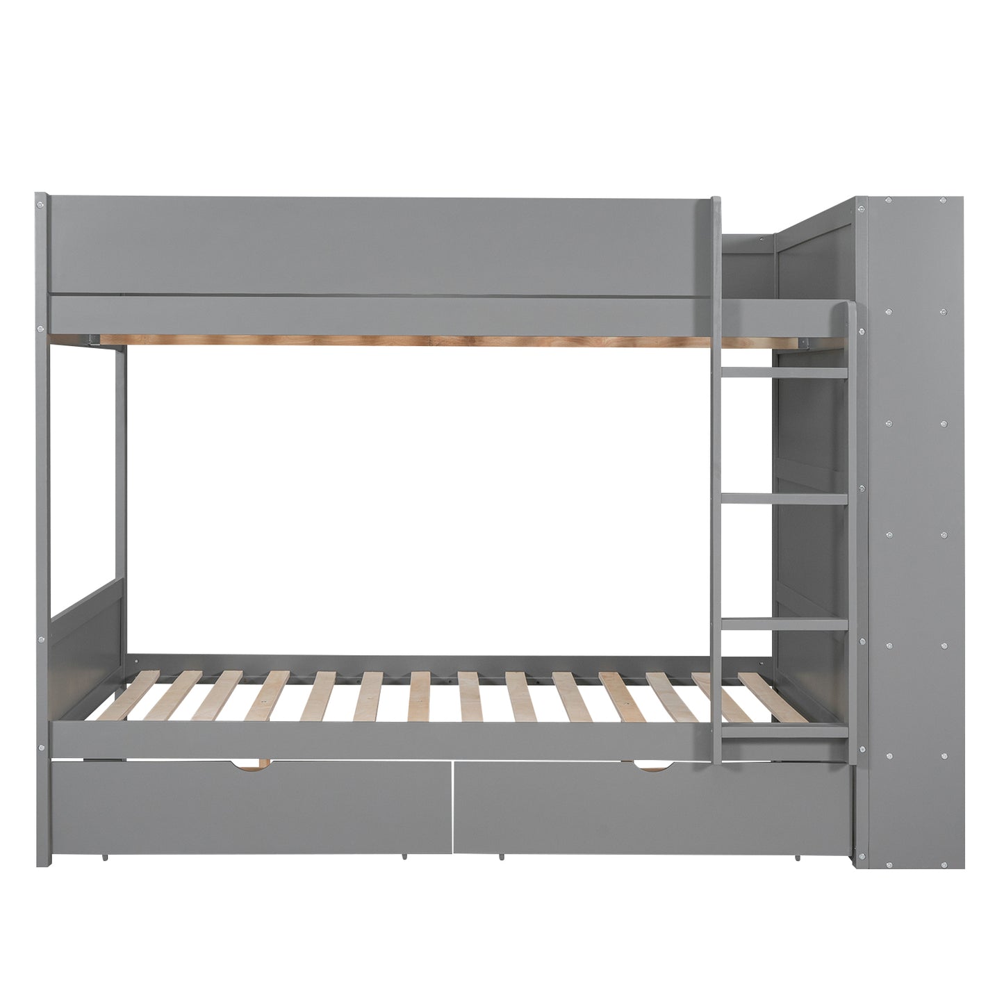 Gray wooden bunk bed with storage drawers and ladder