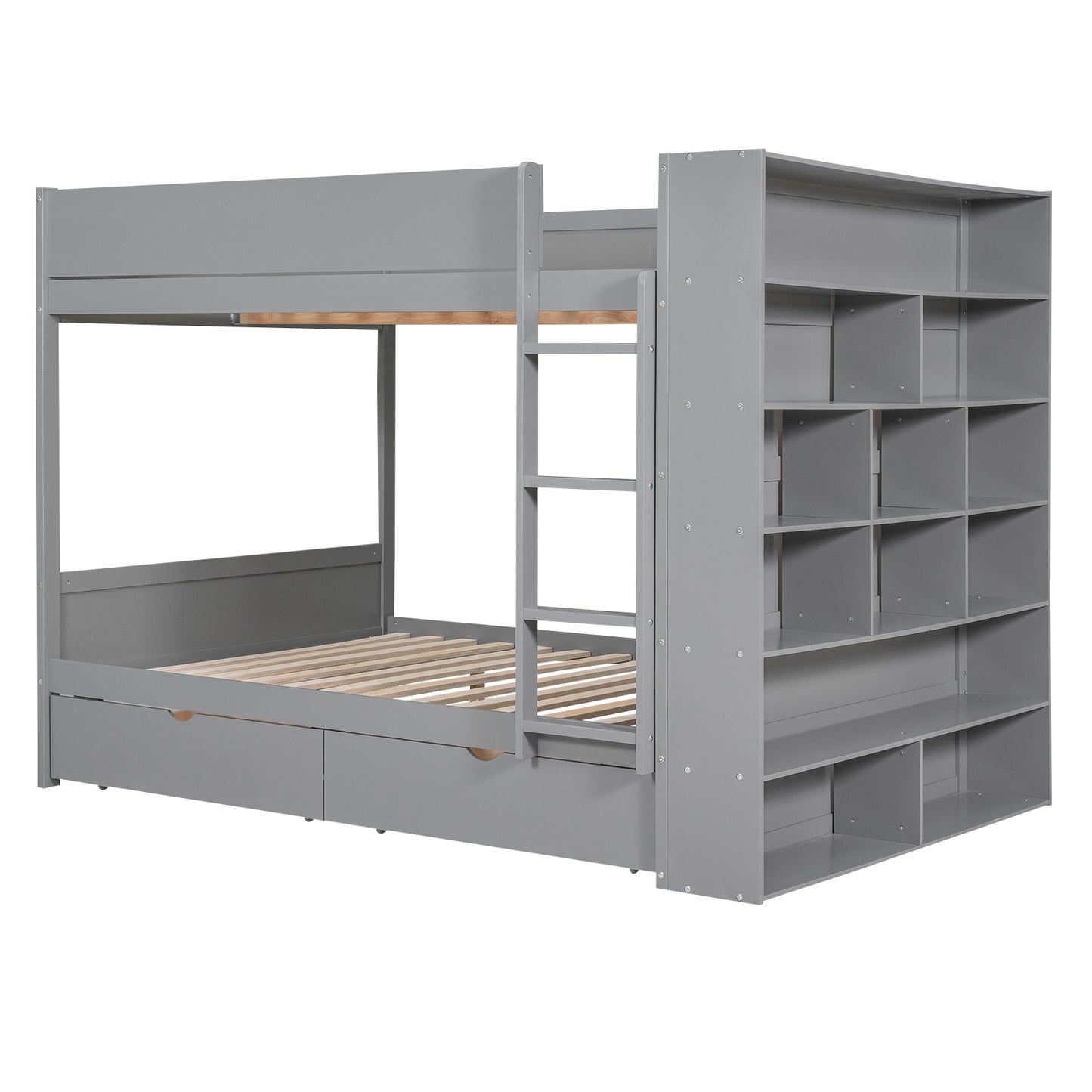 Gray wooden bunk bed with ladder and integrated shelving unit