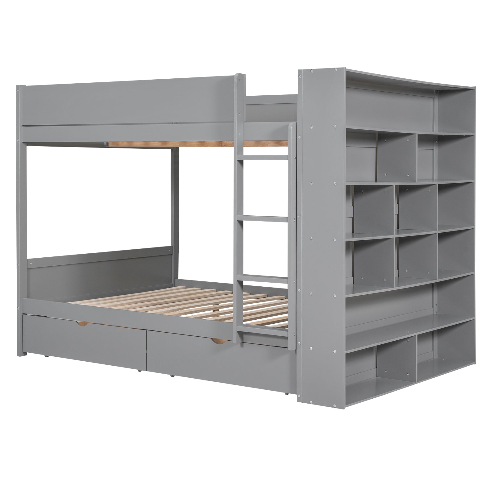 Gray wooden bunk bed with ladder and integrated shelving unit