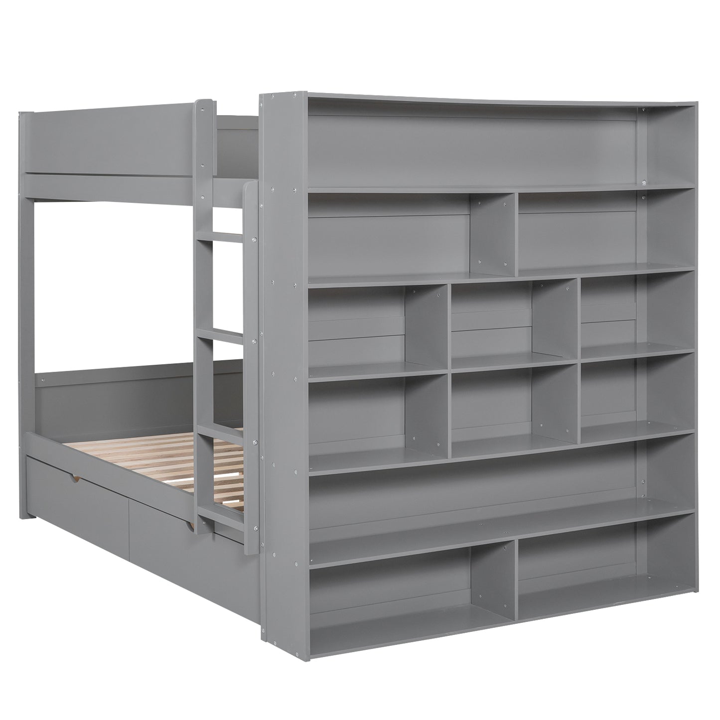 Gray wooden bunk bed with storage shelves and drawers