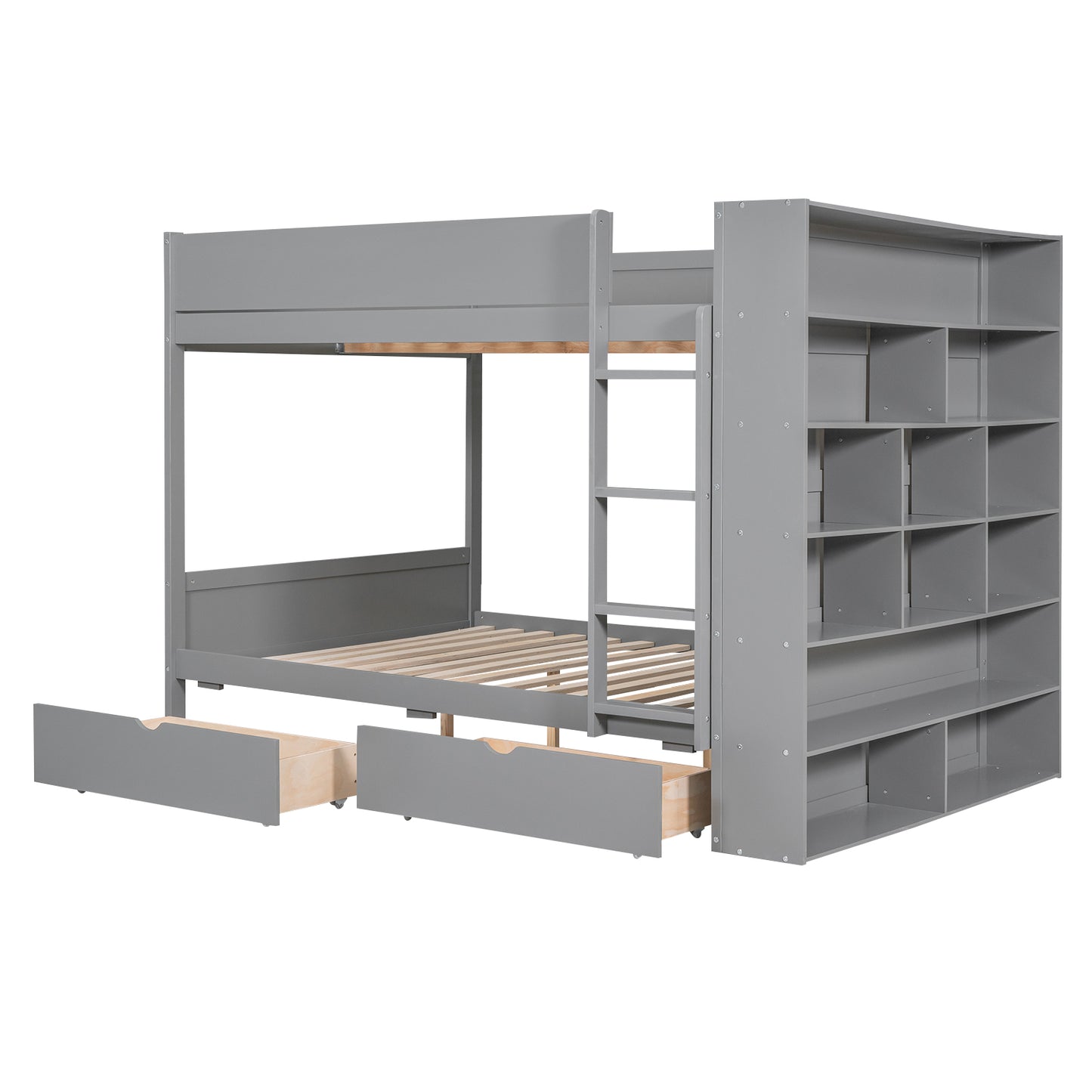 Gray twin over twin bunk bed with shelves and drawers