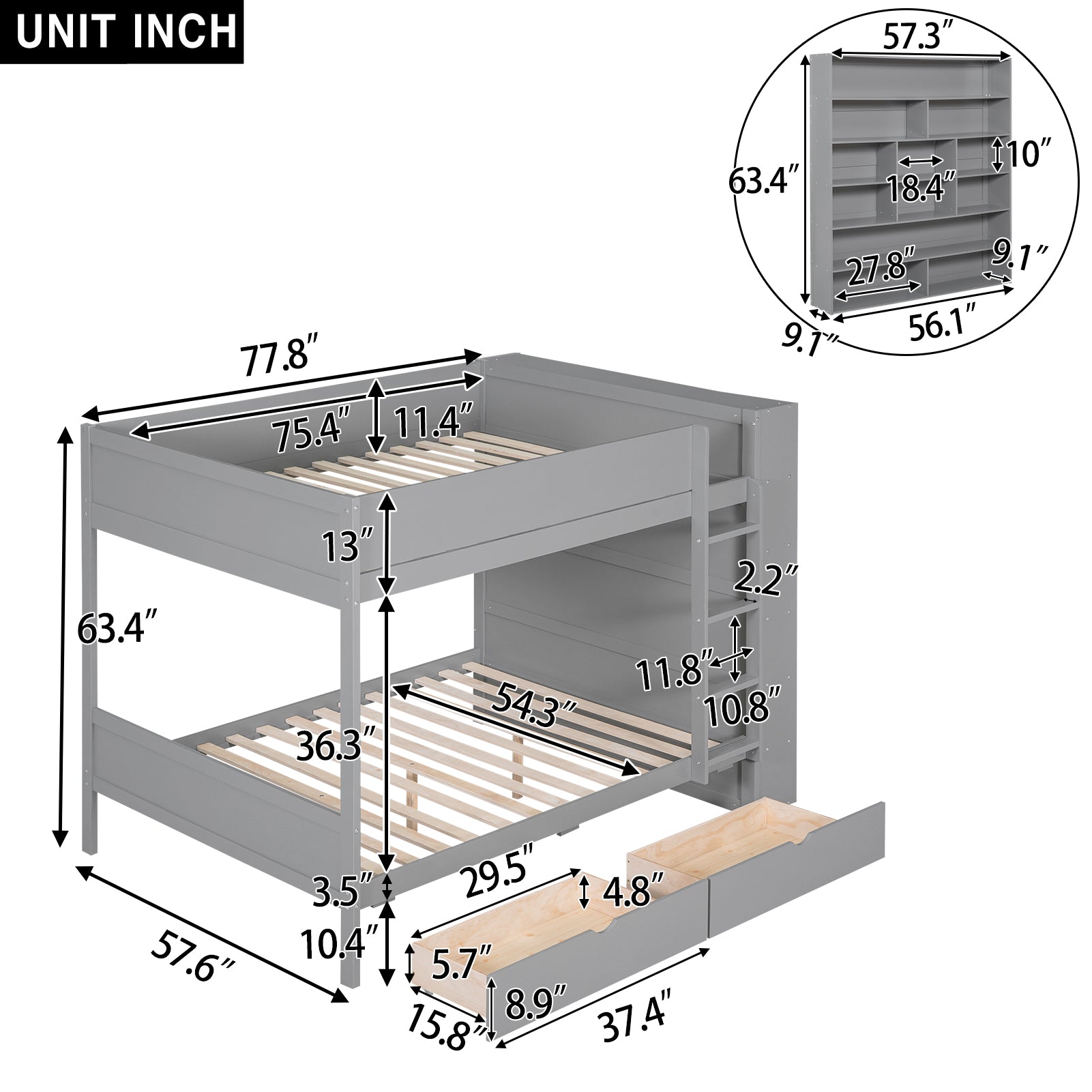 Gray twin over twin bunk bed with storage drawers