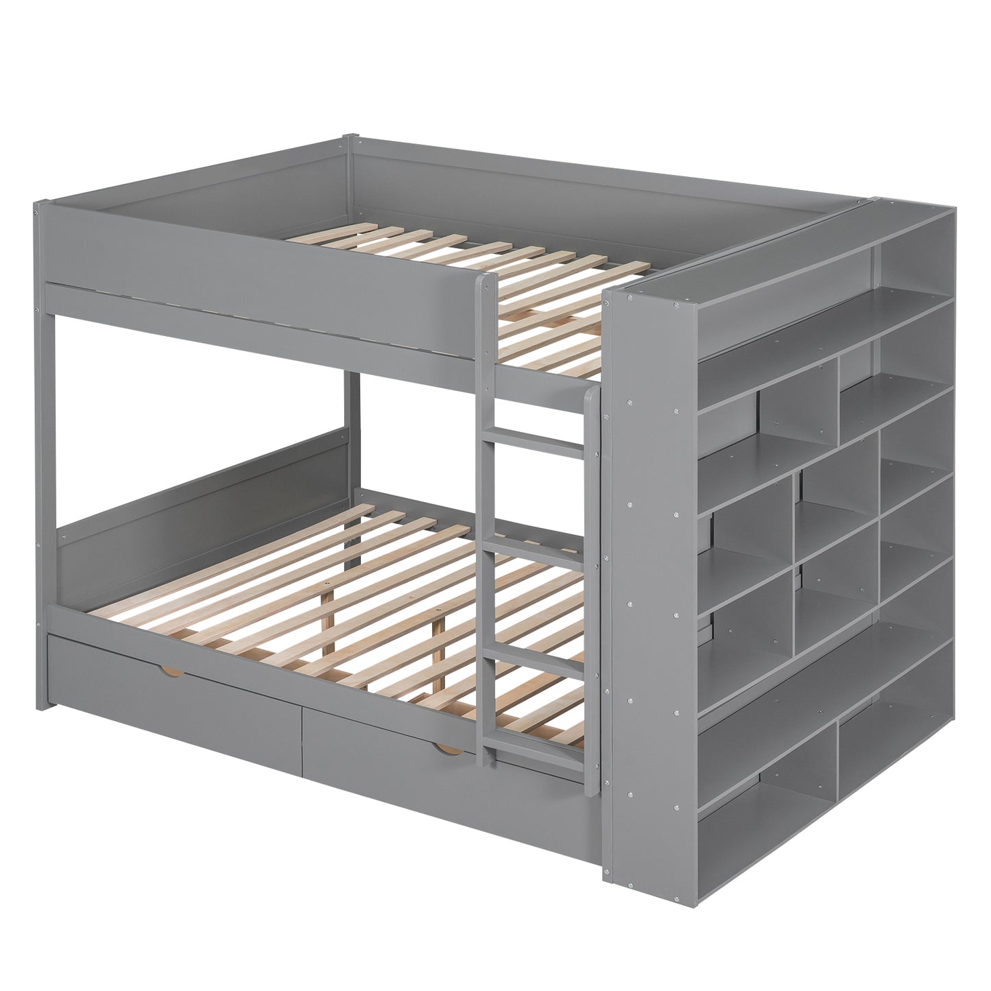 Gray wooden bunk bed with integrated shelving and storage drawers