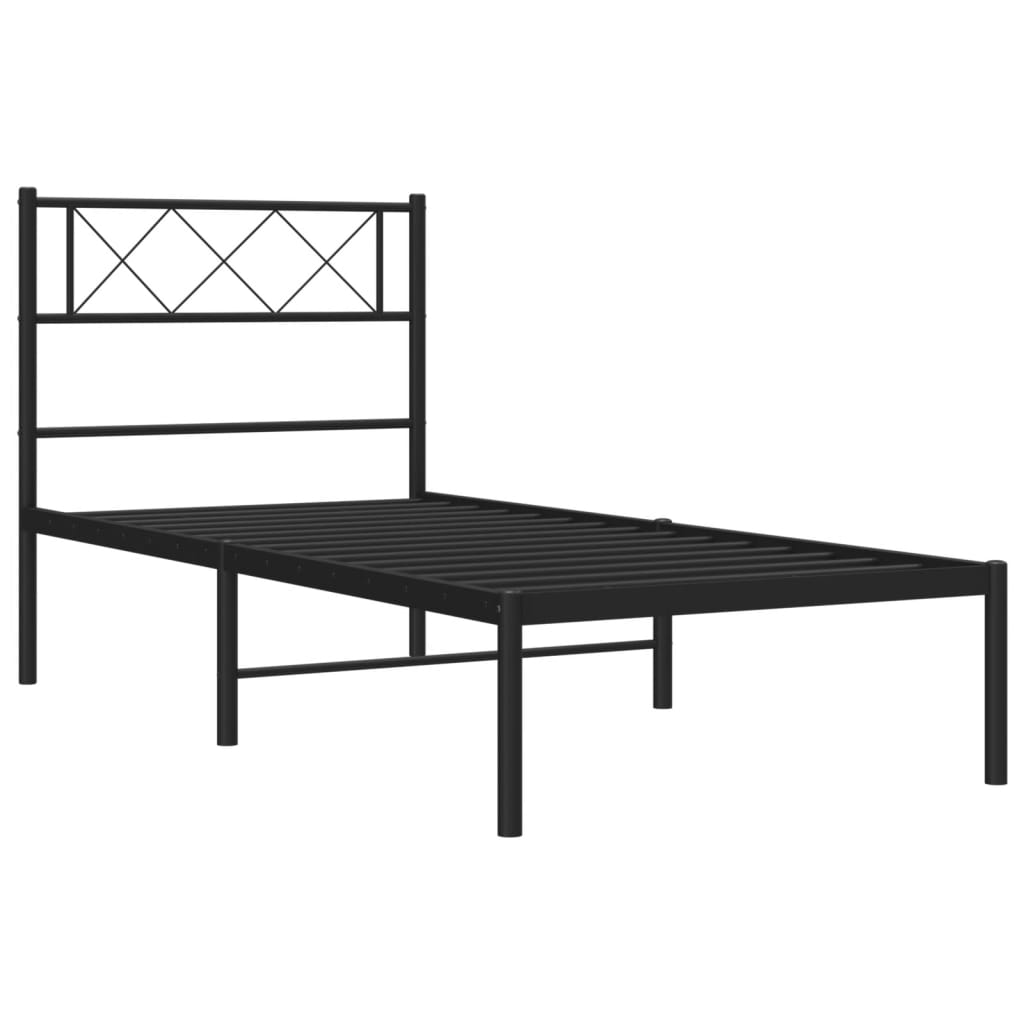 Black metal twin bed frame with geometric headboard