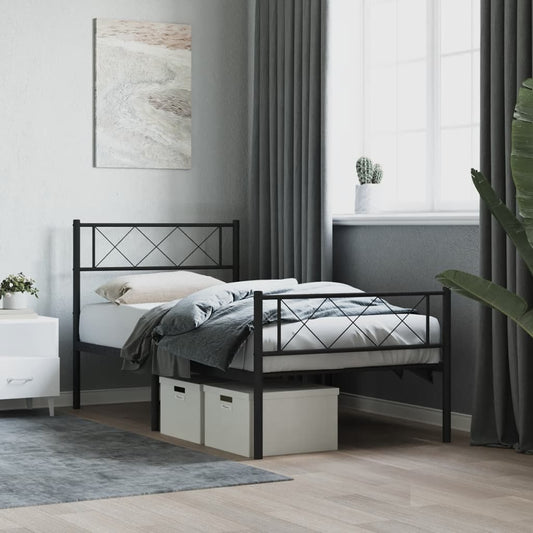 Black metal twin bed frame with geometric headboard design