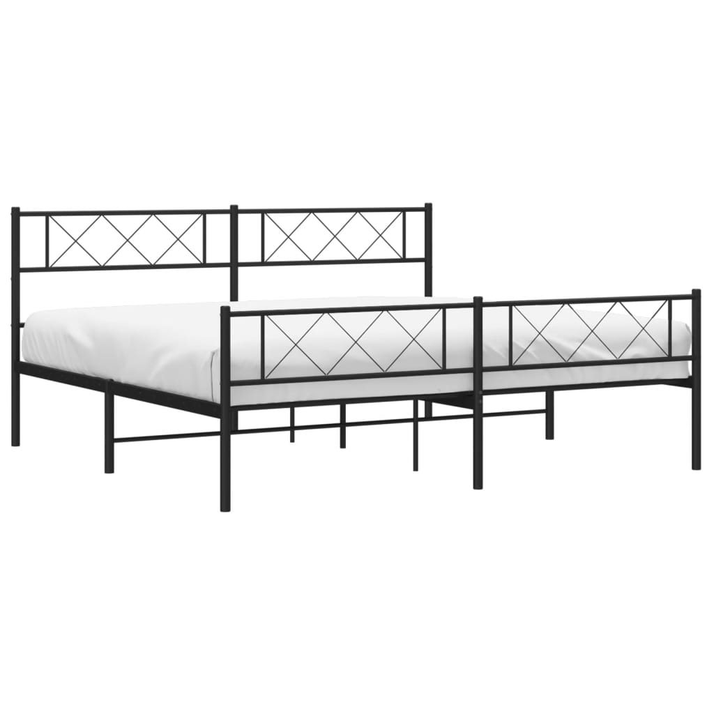Black metal platform bed frame with diamondshaped headboard and footboard detail