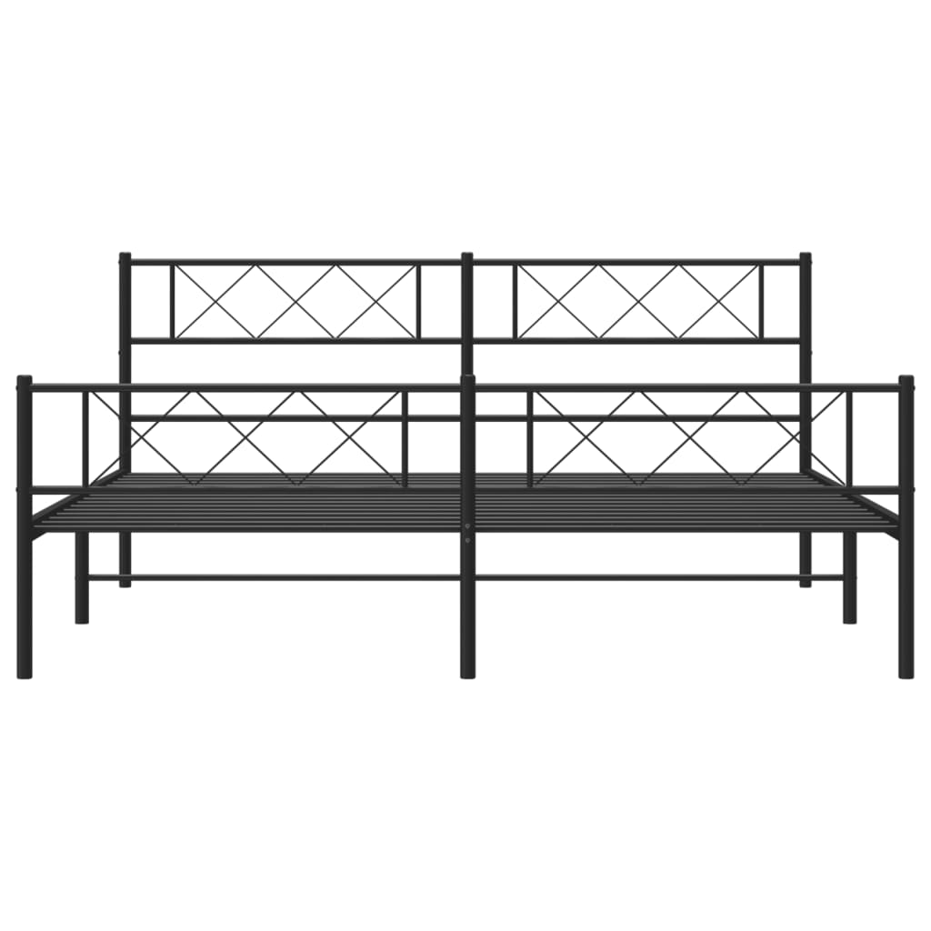 Black metal platform bed frame with geometric headboard and footboard