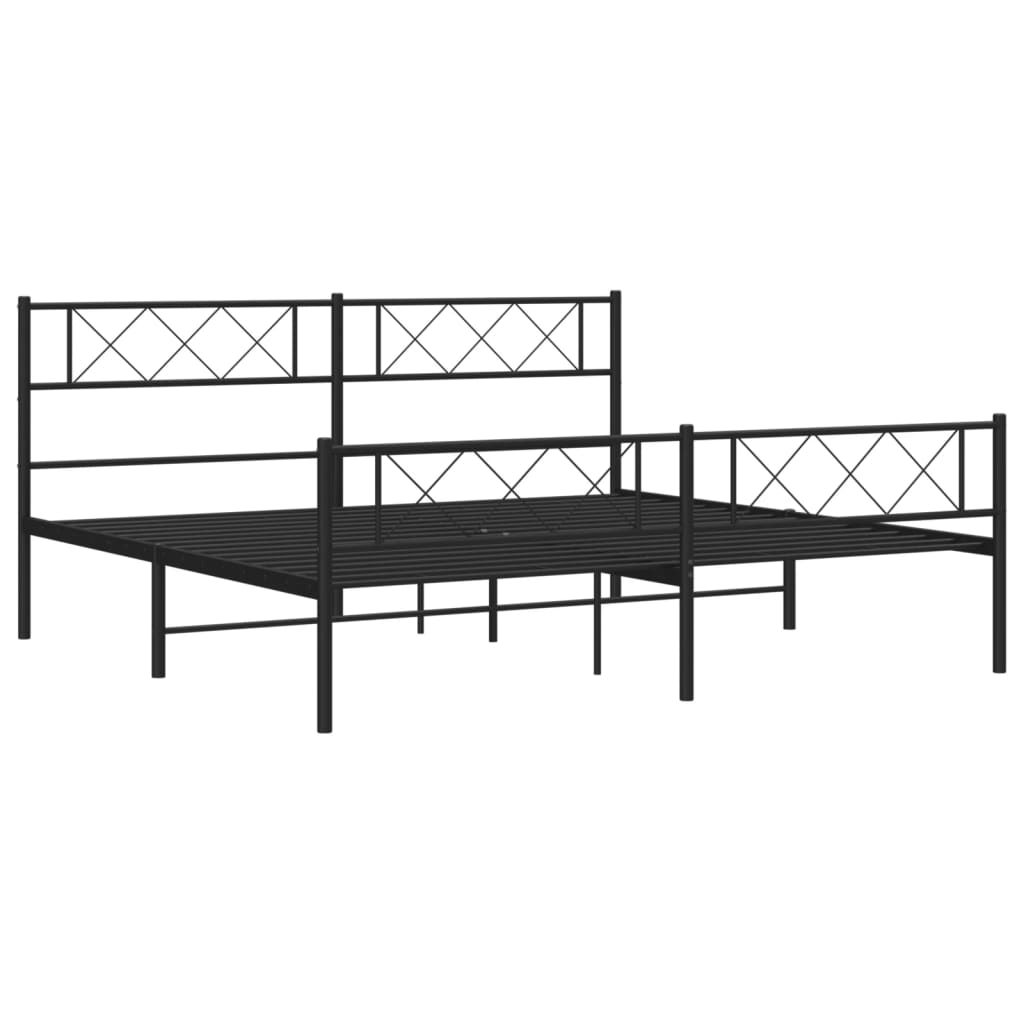 Black metal bed frame with geometric headboard and footboard detail