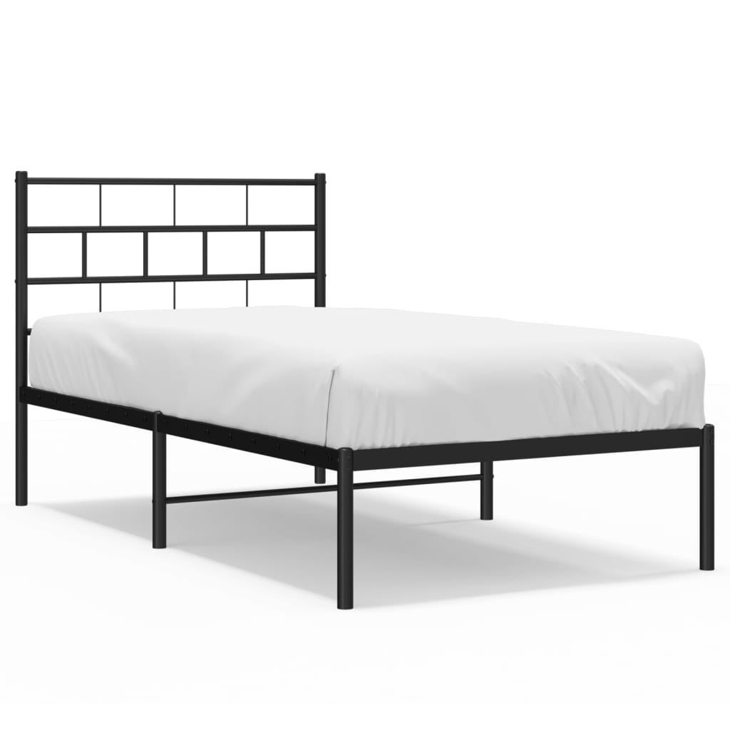 Metal bed frame with a rectangular headboard and slat support