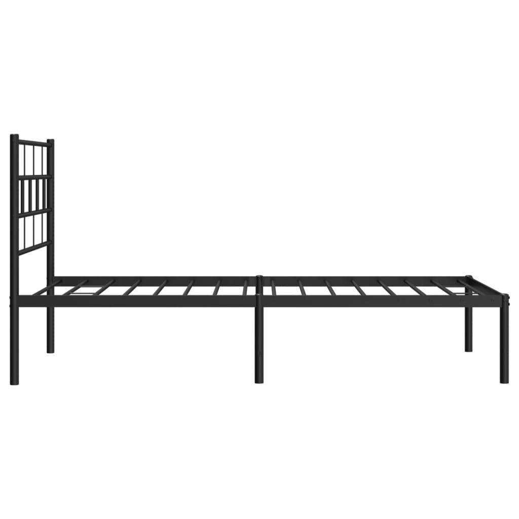 Black metal bed frame with a rectangular grid headboard