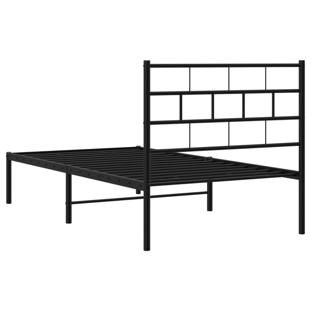Black metal platform bed frame with minimalist rectangular headboard