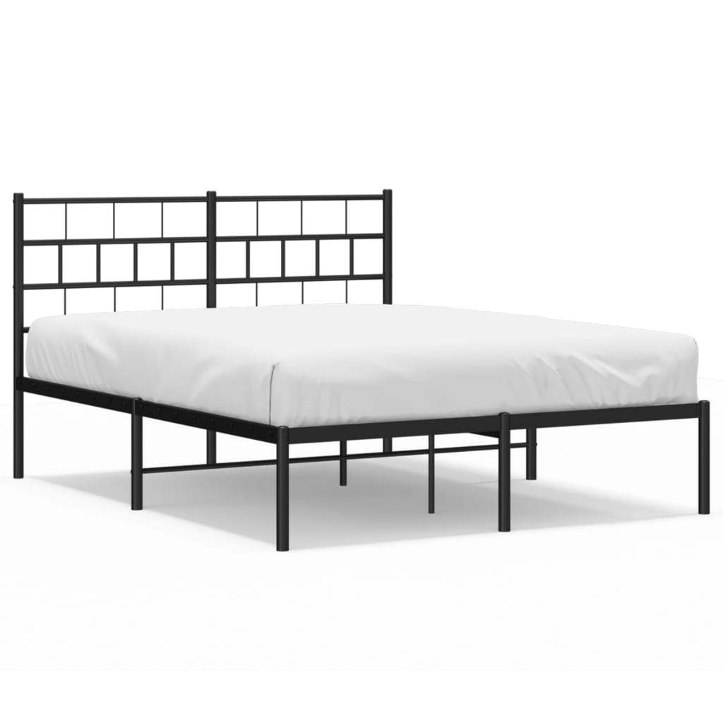 Line drawing of a metal bed frame with headboard and dimensions