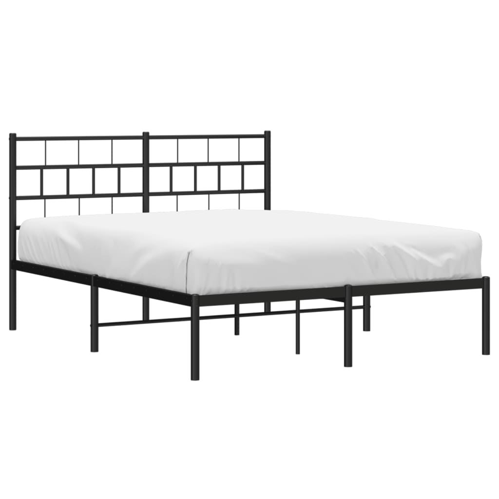 Black metal platform bed frame with a gridstyle headboard and a white mattress