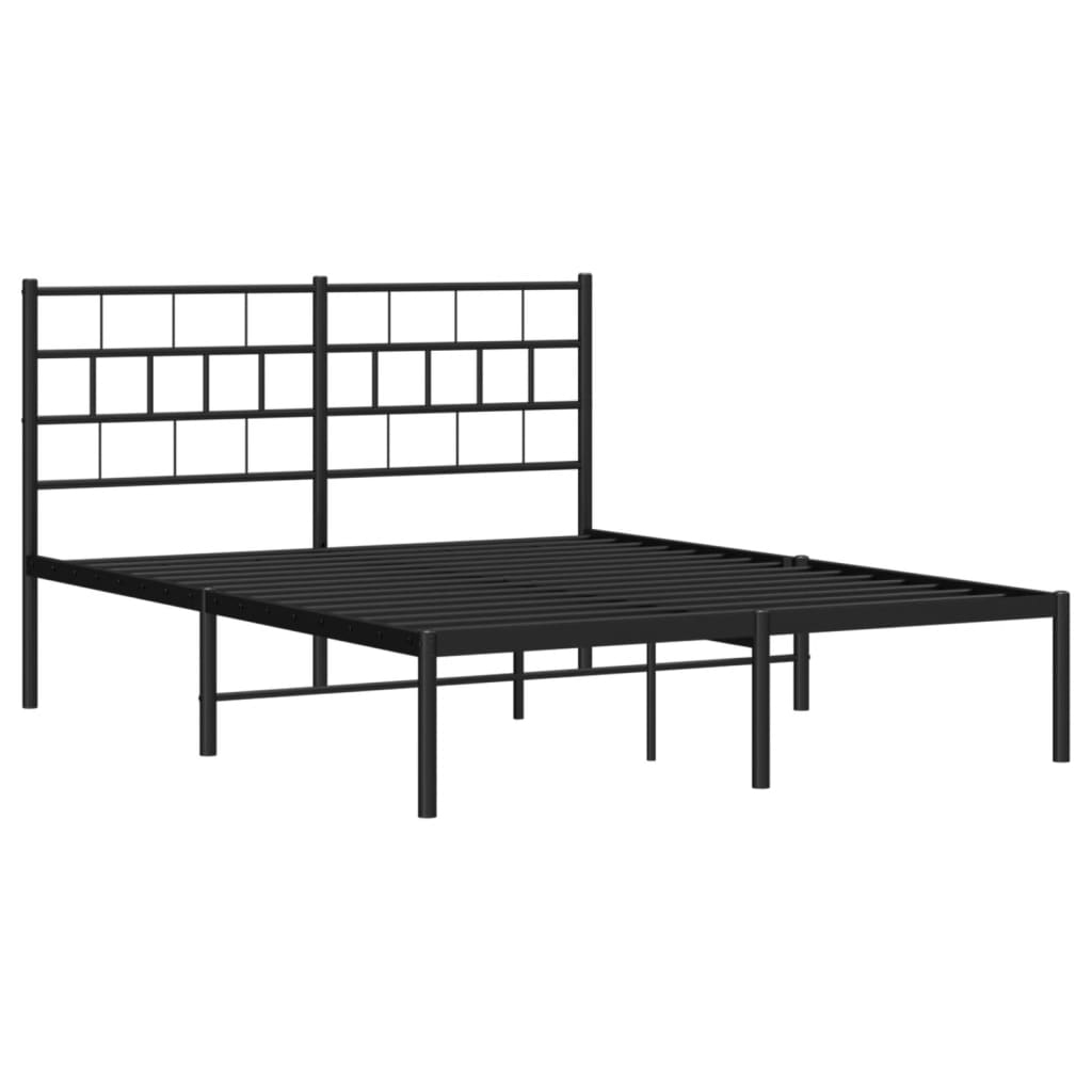 Black metal platform bed frame with a geometric headboard and white mattress