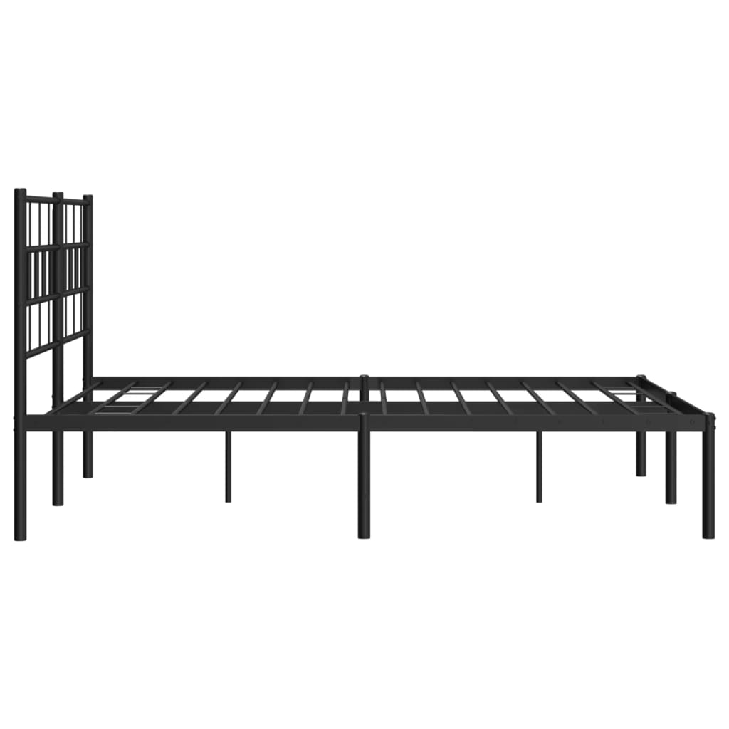 Black metal platform bed frame with a geometric headboard