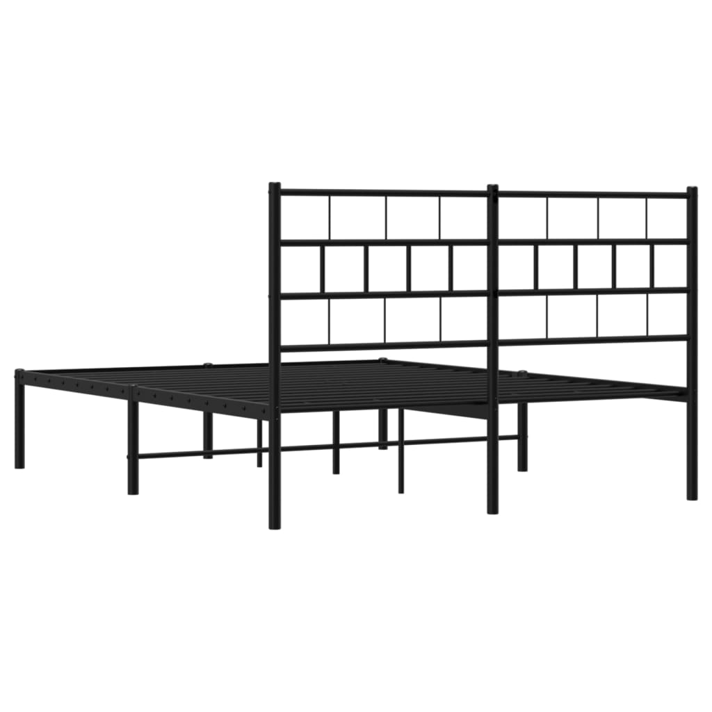 Black metal platform bed frame with grid headboard