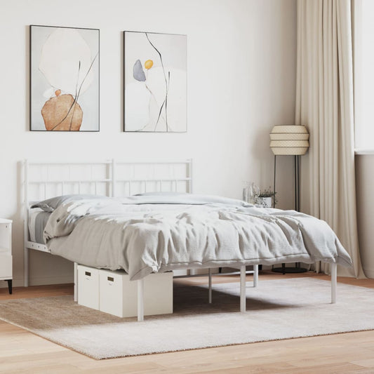 White metal bed frame with slatted headboard and footboard featuring two builtin underbed storage drawers