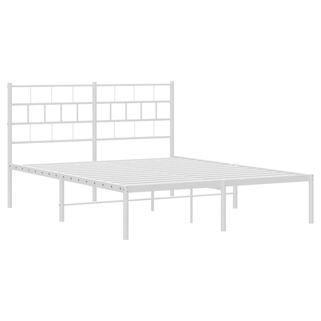 White metal bed frame with a simple geometric headboard and footboard