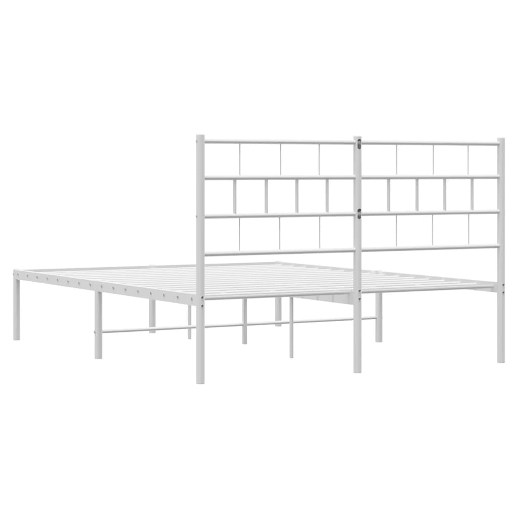 White metal platform bed frame with a geometric headboard