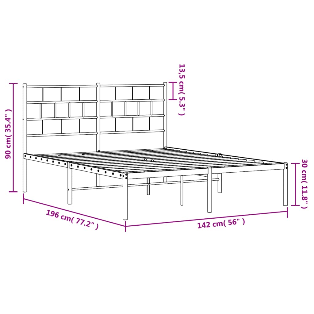 White metal platform bed frame with a minimalist grid headboard