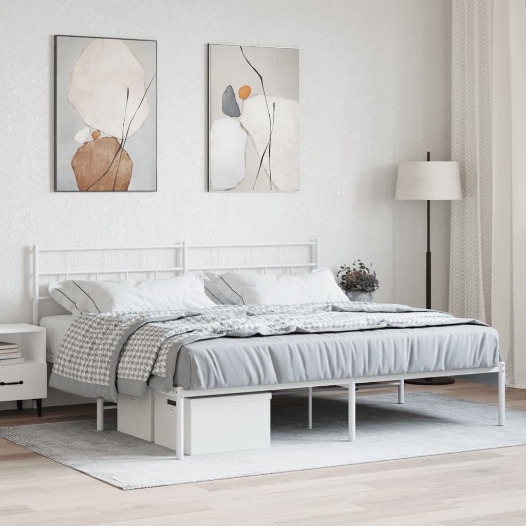 White metal bed frame with upholstered headboard and storage drawers