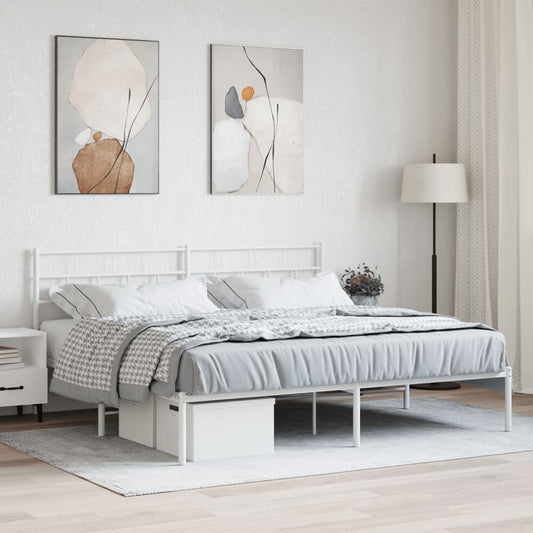 White metal bed frame with upholstered headboard and storage drawers