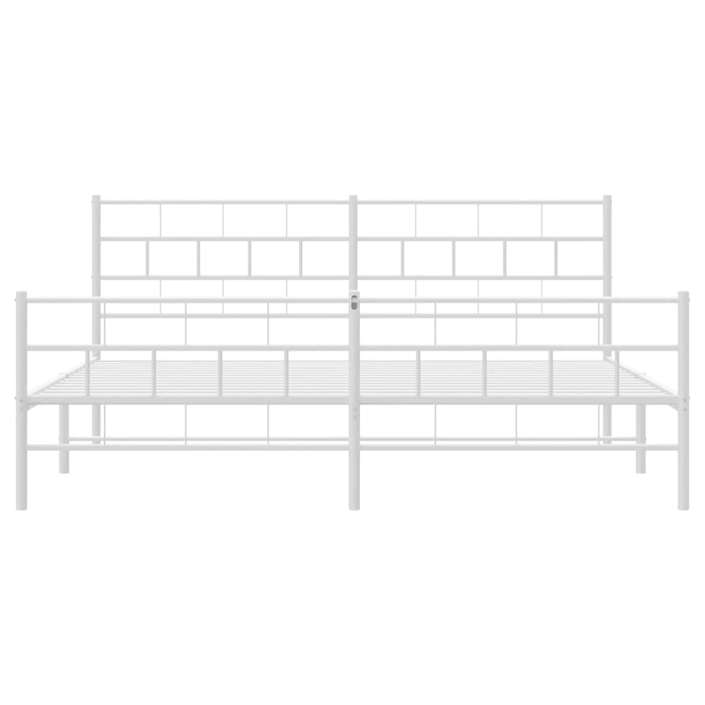 White metal queen bed frame with a slatted headboard and footboard