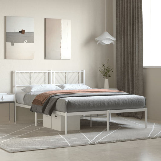 White metal platform bed frame with geometric headboard