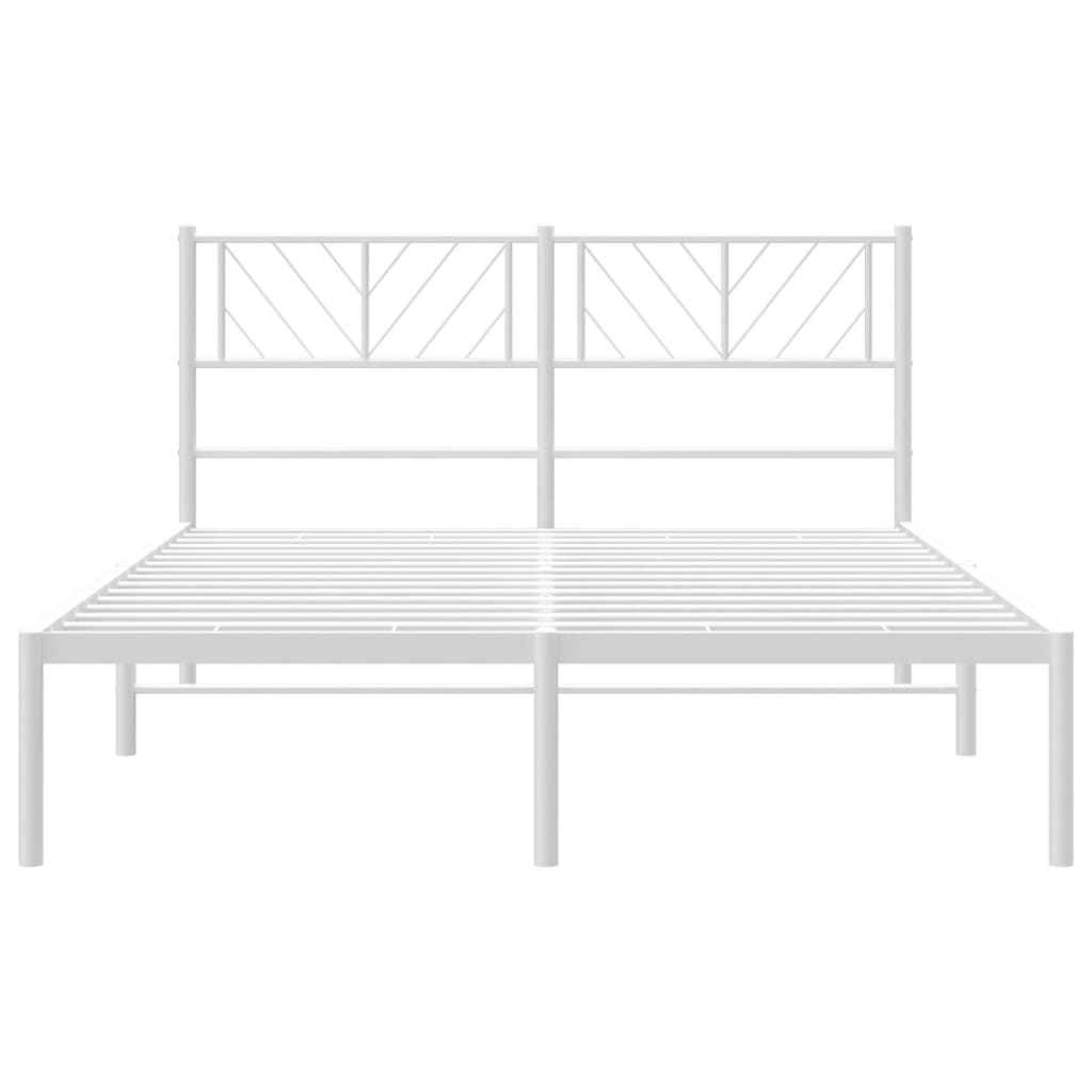 White metal bed frame with a geometric headboard and mattress