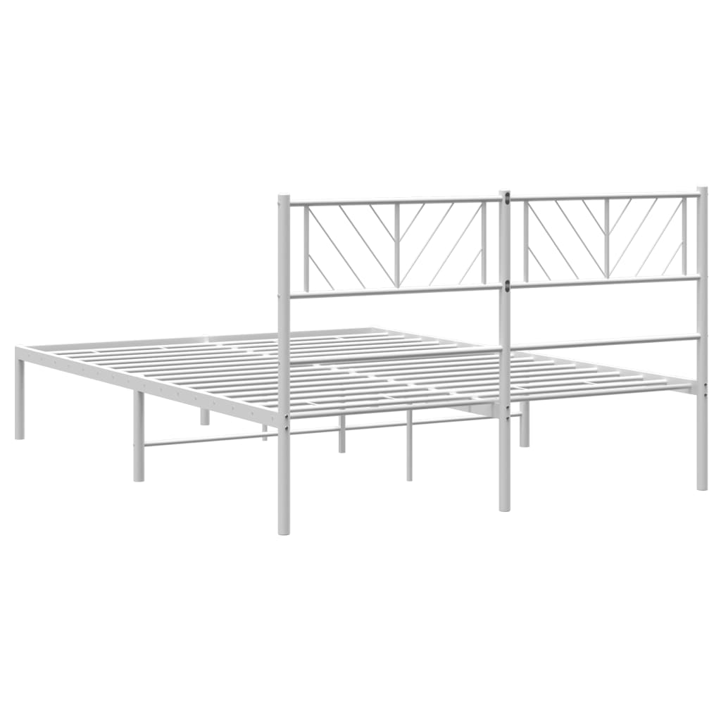 White metal platform bed frame with geometric headboard