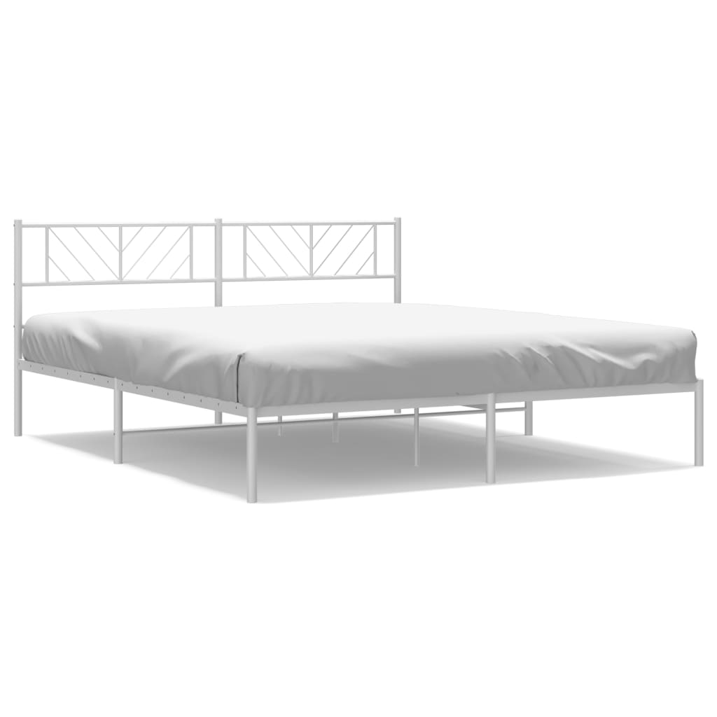 Line drawing of a white metal bed frame with dimensions indicated
