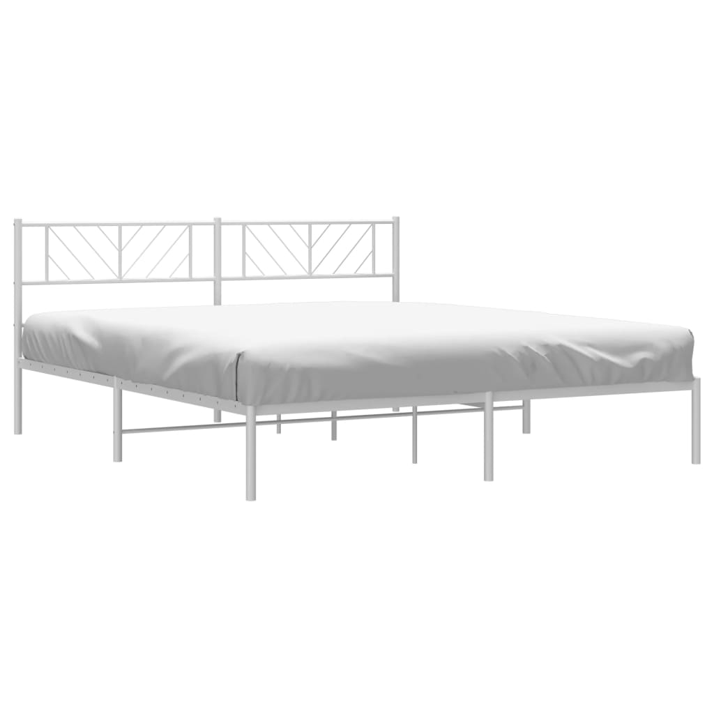 White metal bed frame with geometric headboard and mattress